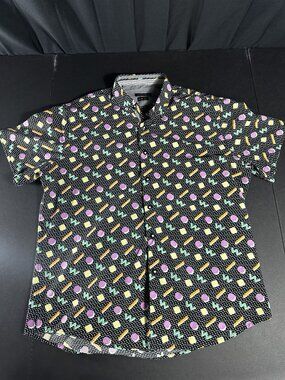 Retro Geometric Pattern Short Sleeve Slim Fit Shirt Large Black With Vibrant Col